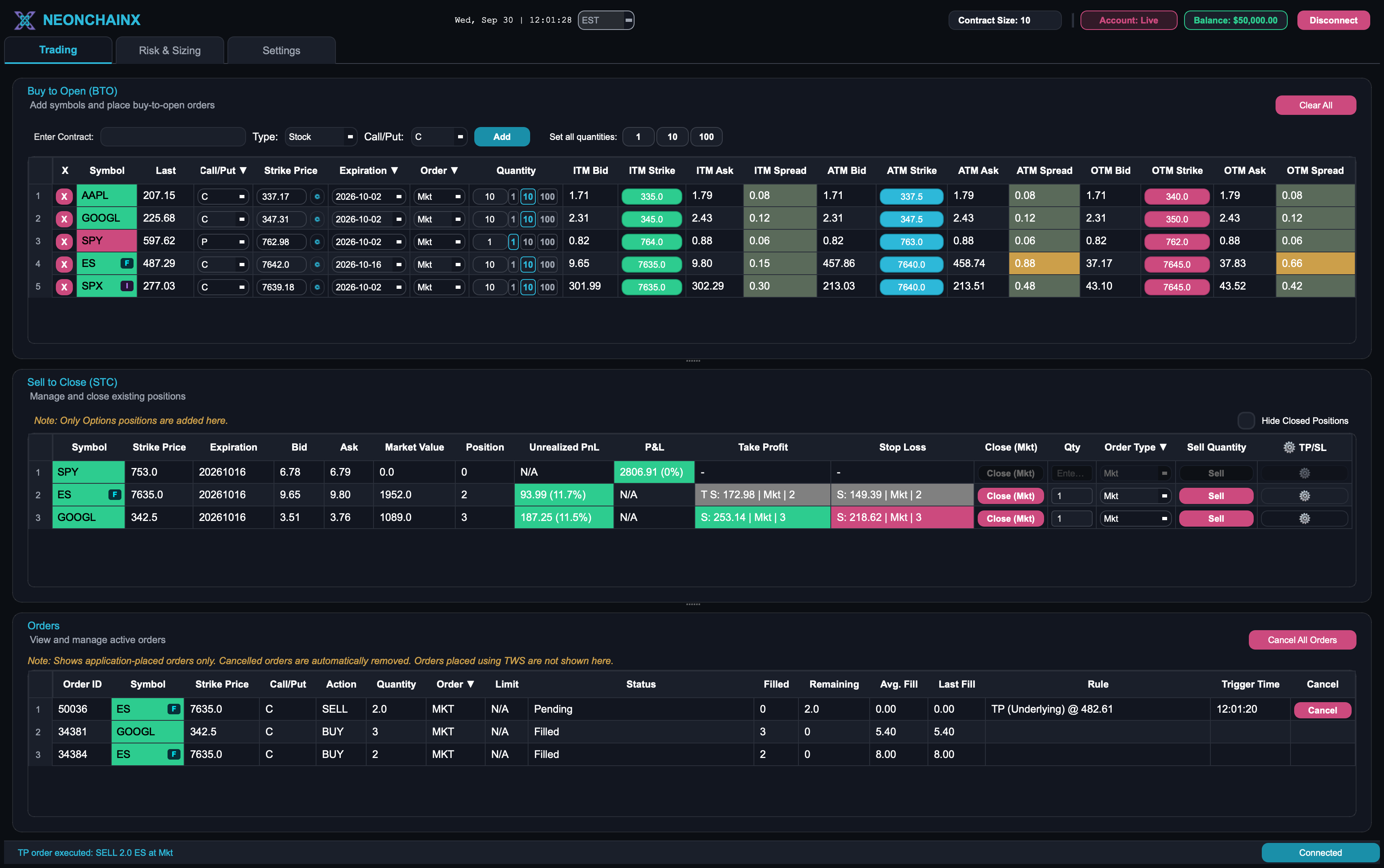 NeonChainX desktop app showing multi-symbol option chains, open positions with live P&L, and the orders table in one window.
